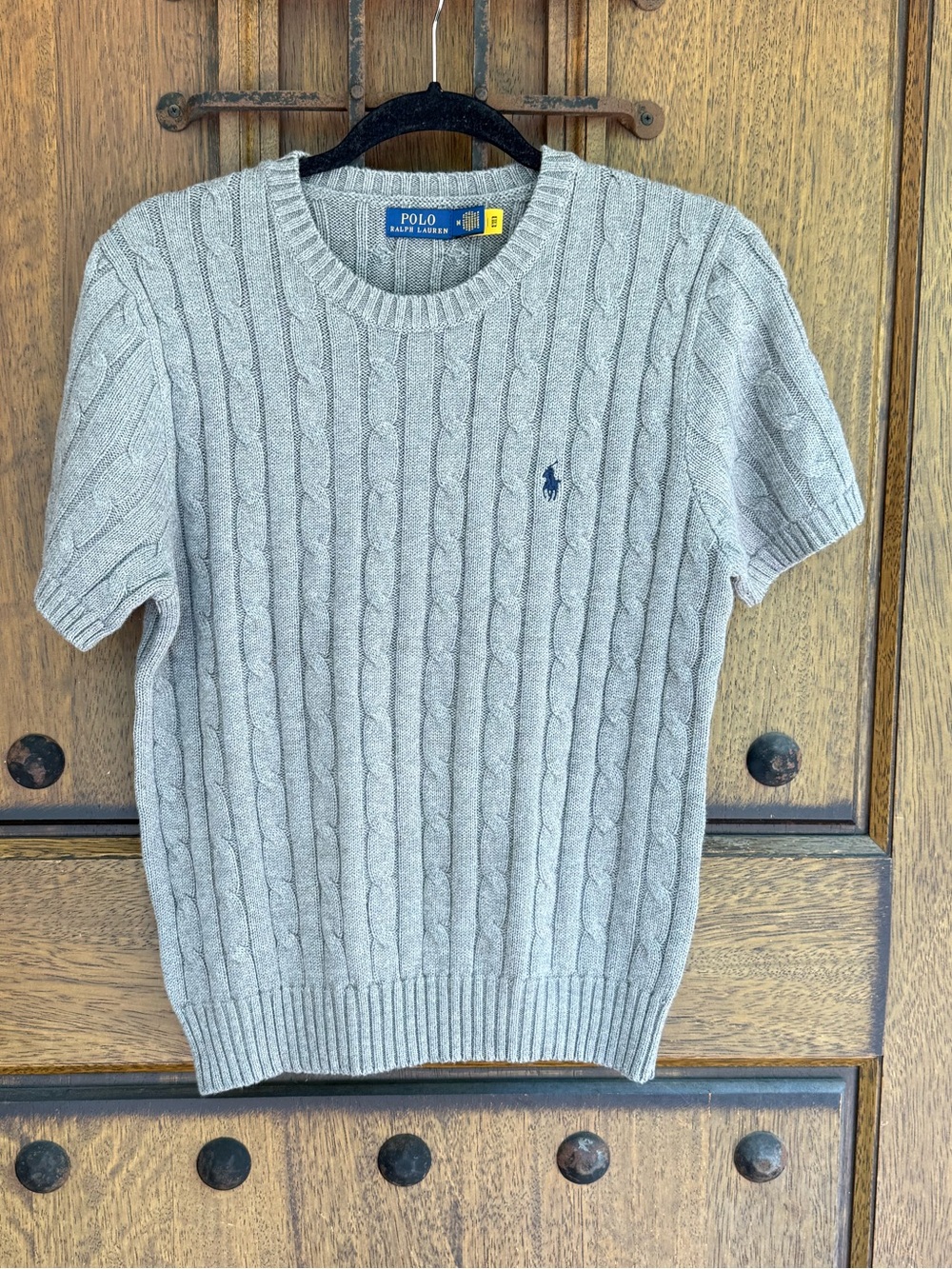 Ralph Lauren Light Gray Cable-Knit Crewneck Short-Sleeve Sweater Size M